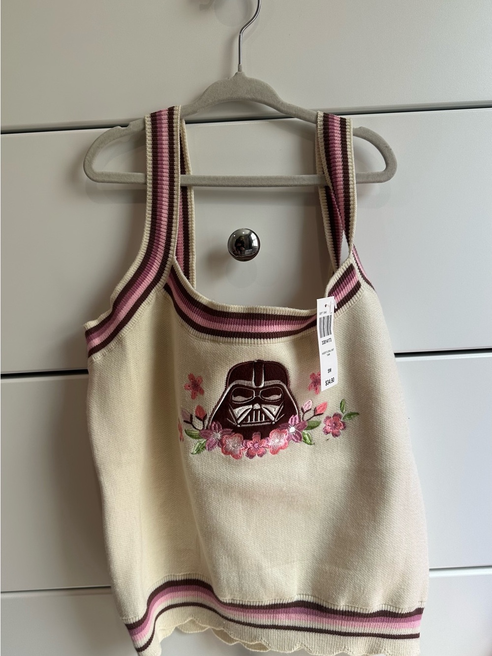 Disney Star Wars Cream Tank Top with Pink Trim and Embroidered Darth Vader